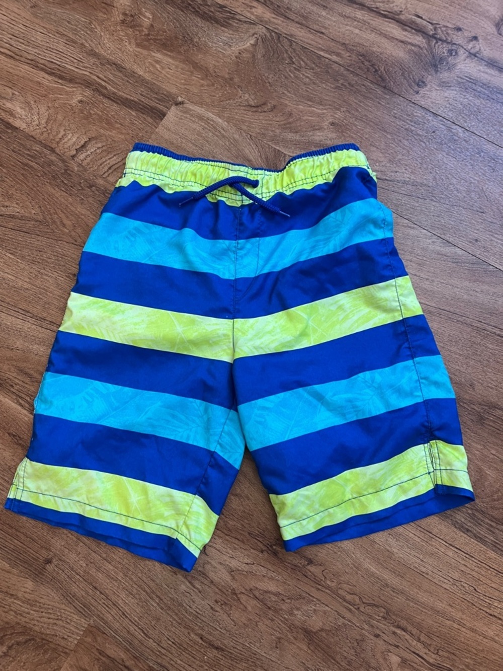 Place Sport Boys L 10/12 Blue Green Striped Swim Trunks Board Shorts